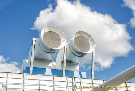 These large white ventilation shafts look like funnels on an ocean liner